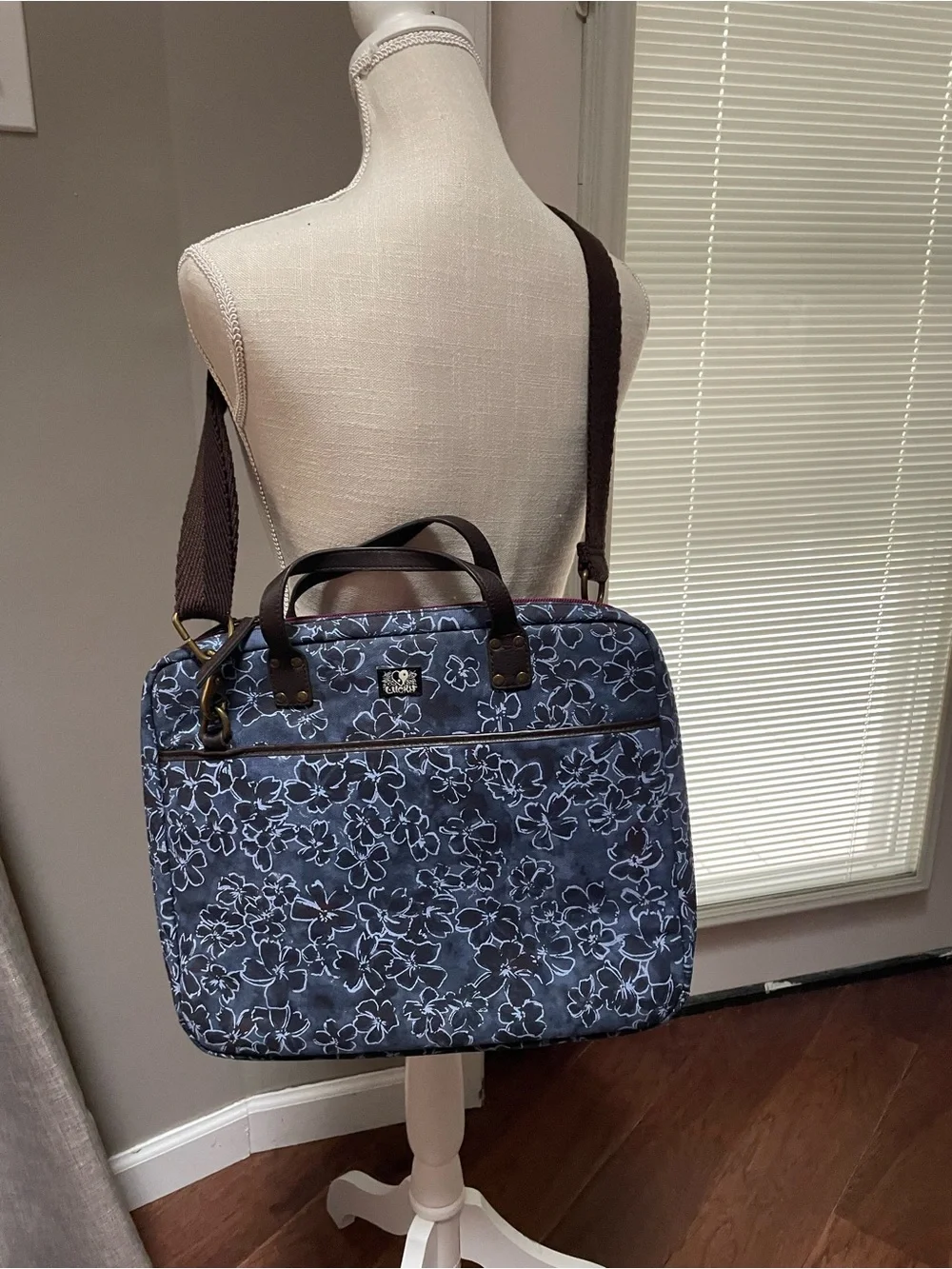 Lucky Brand Navy Floral Canvas Laptop Messenger Bag